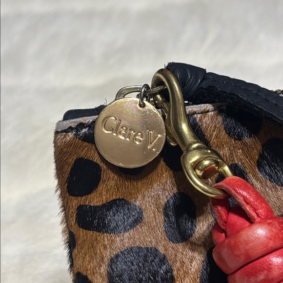 ✨Clare V Leopard Calf Hair Pouch Wristlet w/ Red Leather Strap OS✨ - Picture 2 of 12